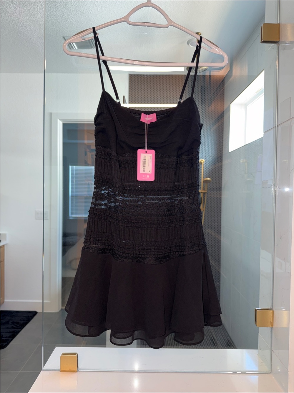 Edikted Black Spaghetti-Strap Mini Dress with Chiffon Hem